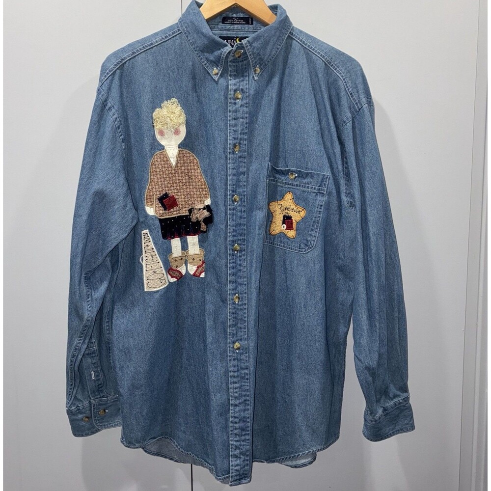 Vintage Luna Pier Folk Art Cheer Mom Denim Shacket Hand Appliqué Made Hong Kong